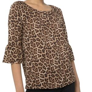 Nwt Michael Kors leopard print gathered round neck top with ruffled sleeves M